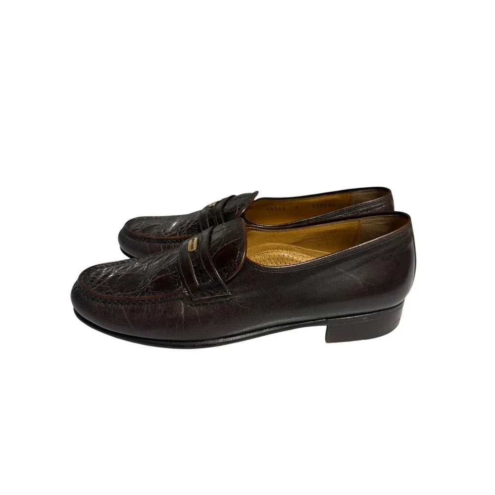 Bruno Magli Vintage Brown Leather Crocodile Texture Gold Logo Slip on Loafer - 6